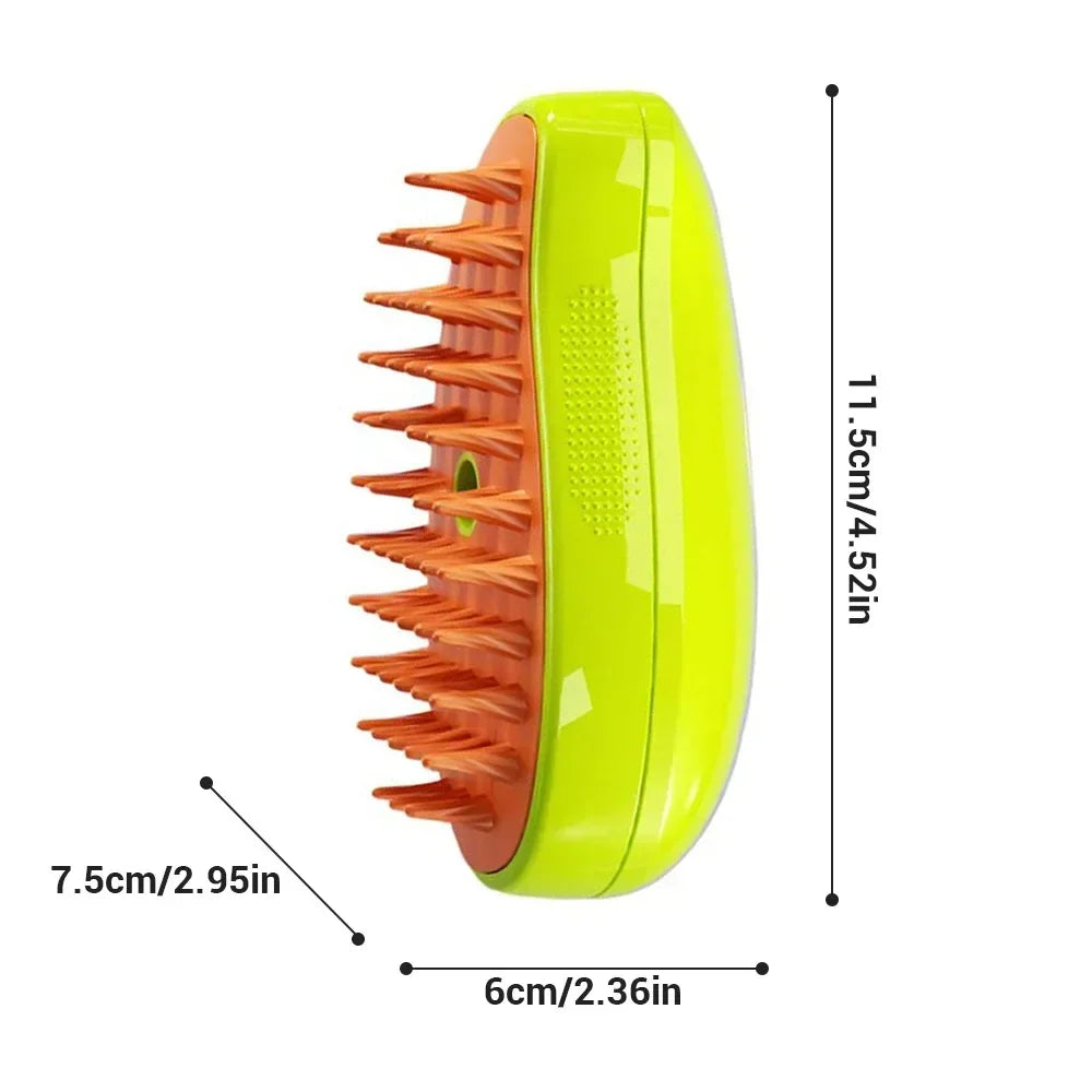 Bright yellow and orange 3-in-1 pet grooming brush with rubberised bristles and dimensions shown.