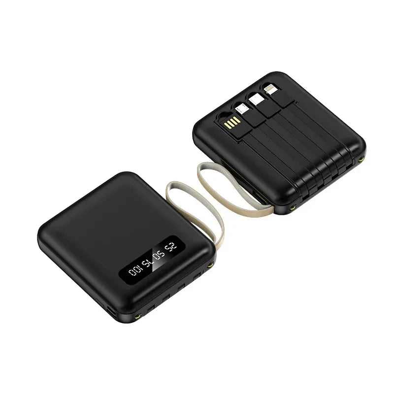 Two black portable power banks with LED battery displays and integrated charging cables on a carry strap.