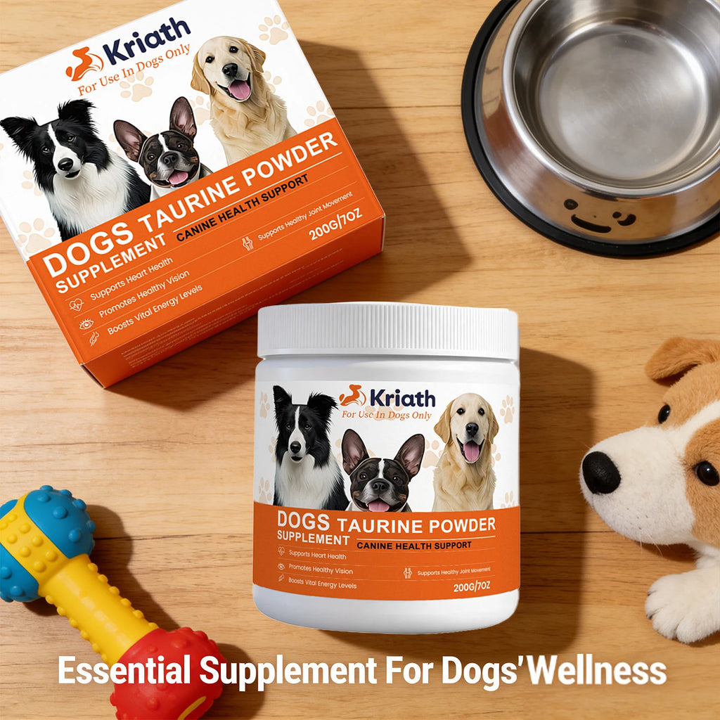 Orange and white tub of dog taurine powder supplement for heart, vision, and joint health on a wooden floor.