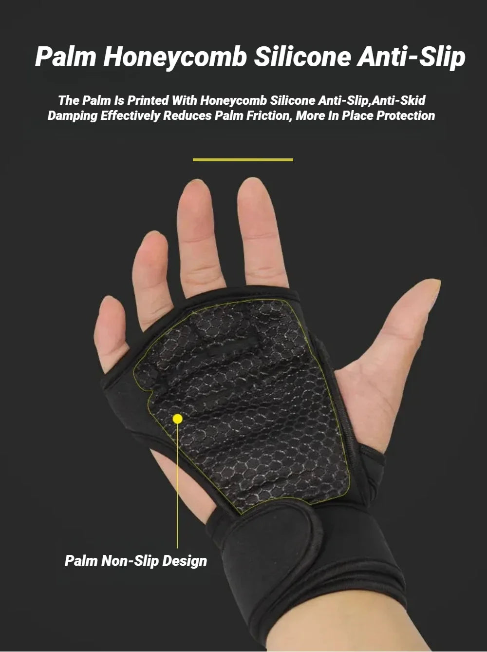 Black fingerless fitness glove with a textured honeycomb silicone palm grip and adjustable wrist strap.