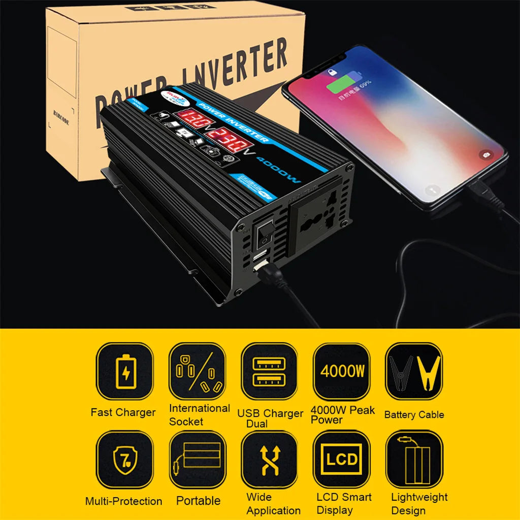 Black 4000W DC to AC power inverter with LCD display, universal socket, dual USB ports and battery cables.