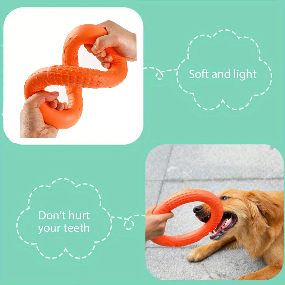 A person's hands bending a flexible, orange EVA dog ring toy, and a dog playing with the same soft, durable disc.