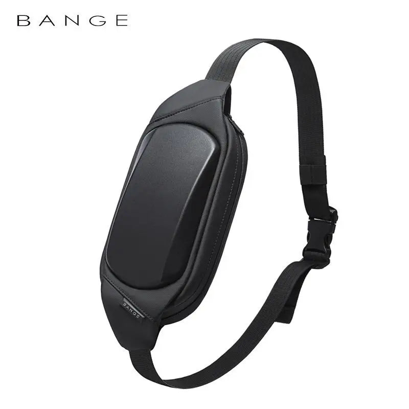 A sleek, black waterproof chest bag with a hard-shell front, adjustable strap, and secure side-release buckle.