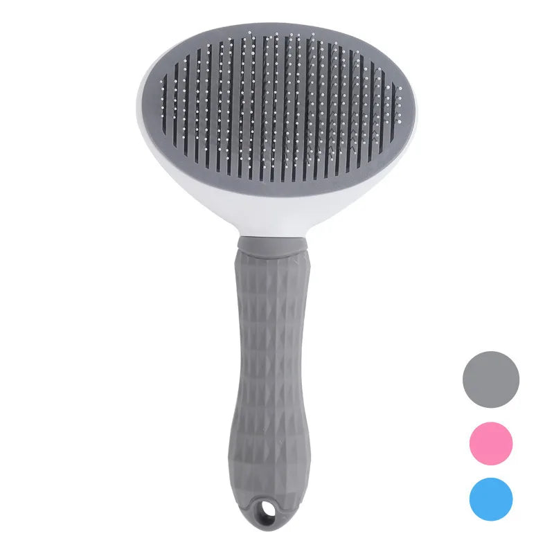 Grey and white pet slicker brush with a textured handle and pin-bristle head, shown with three colour options.