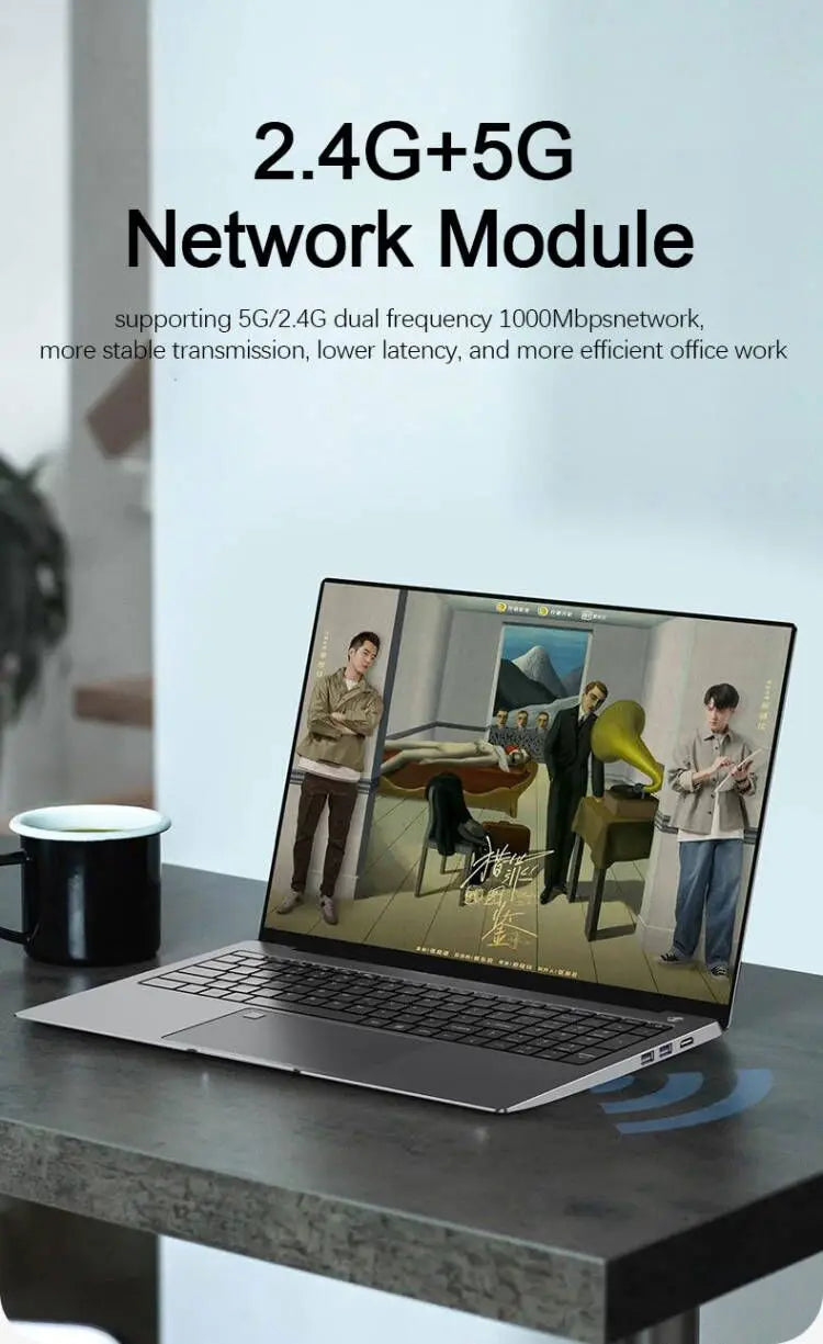 Sleek grey 15.6-inch gaming laptop with a slim-bezel touchscreen, displayed on a desk with a black mug.