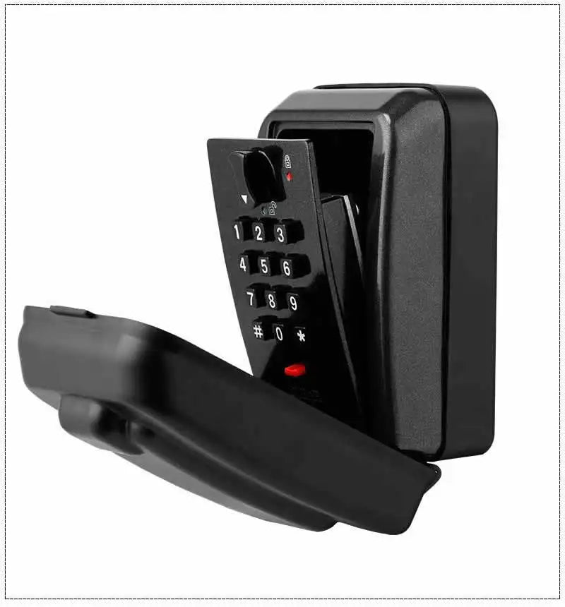 Black metal wall-mounted key lock box with an open hinged cover and a digital keypad for combination entry.