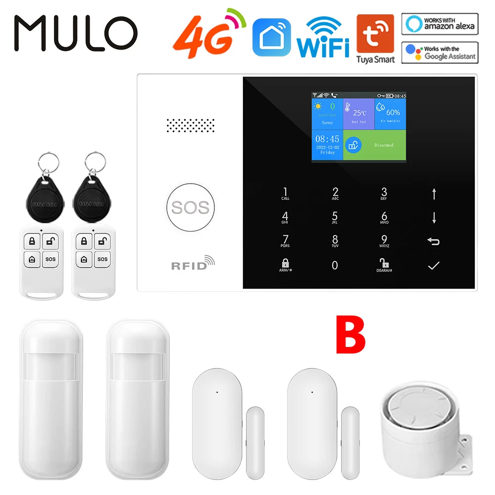 White and black smart home alarm system with touch screen, key fobs, motion sensors, door contacts and a siren.