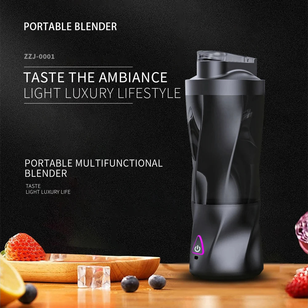 Sleek matte black portable blender with a modern twisted design and a glowing purple power button on a wooden surface.