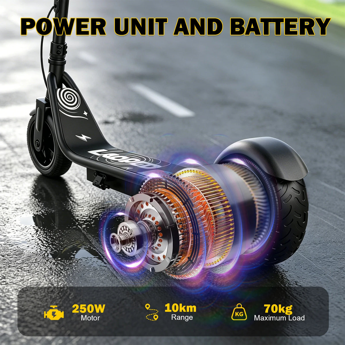 Black AOVOPRO electric scooter for kids highlighting the 250W motor component near the rear wheel.