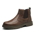 Brown leather work safety Chelsea boot with elastic side panels, thick treaded sole, and steel toe cap.