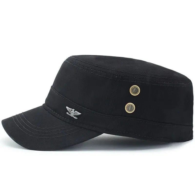 Black military-style cadet cap featuring an eagle emblem on the brim and two side ventilation eyelets.