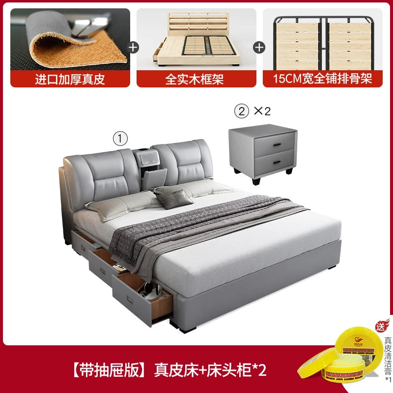 Minimalist grey upholstered king-size bed frame with integrated storage drawers, a padded headboard and two nightstands.
