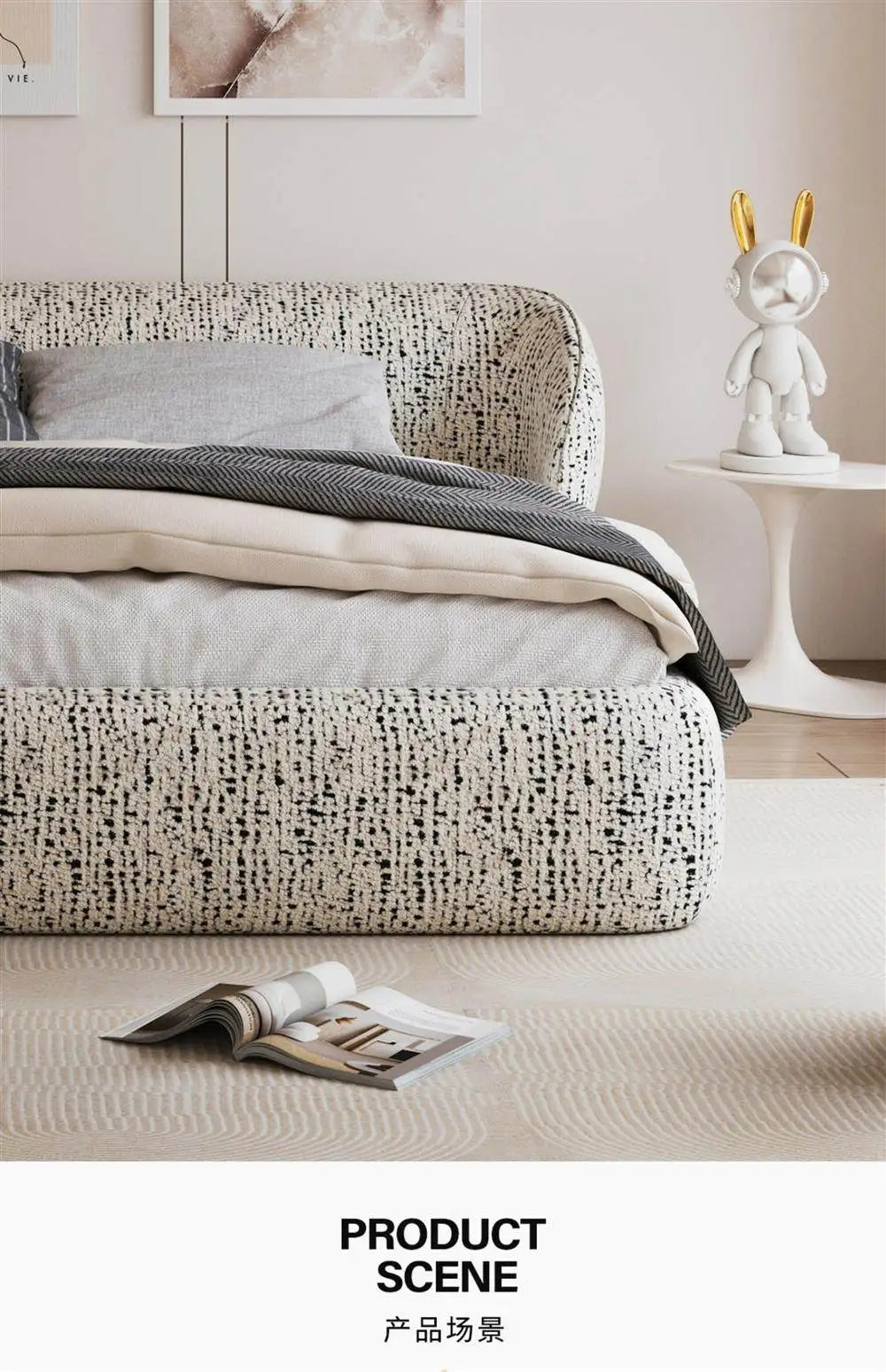 Modern, low-profile bed frame in textured black and white bouclé fabric with a curved, padded headboard.