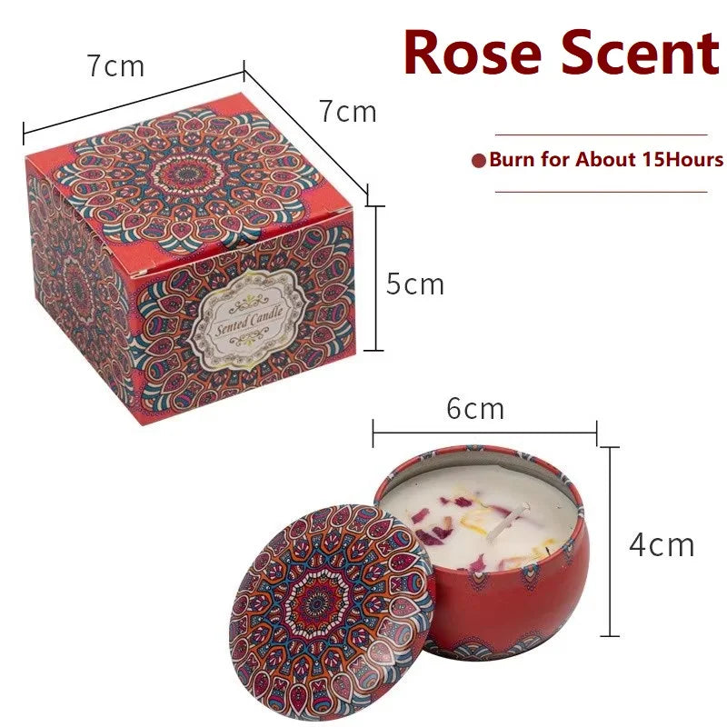 Rose-scented candle in a decorative mandala-patterned red tin, featuring a 15-hour burn time and gift box.