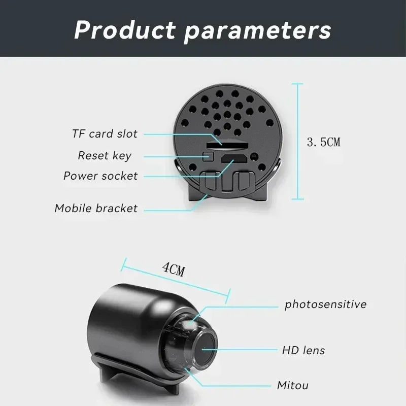 Small black cylindrical plastic security camera showing rear slots, lens, and 3.5cm and 4cm dimensions.
