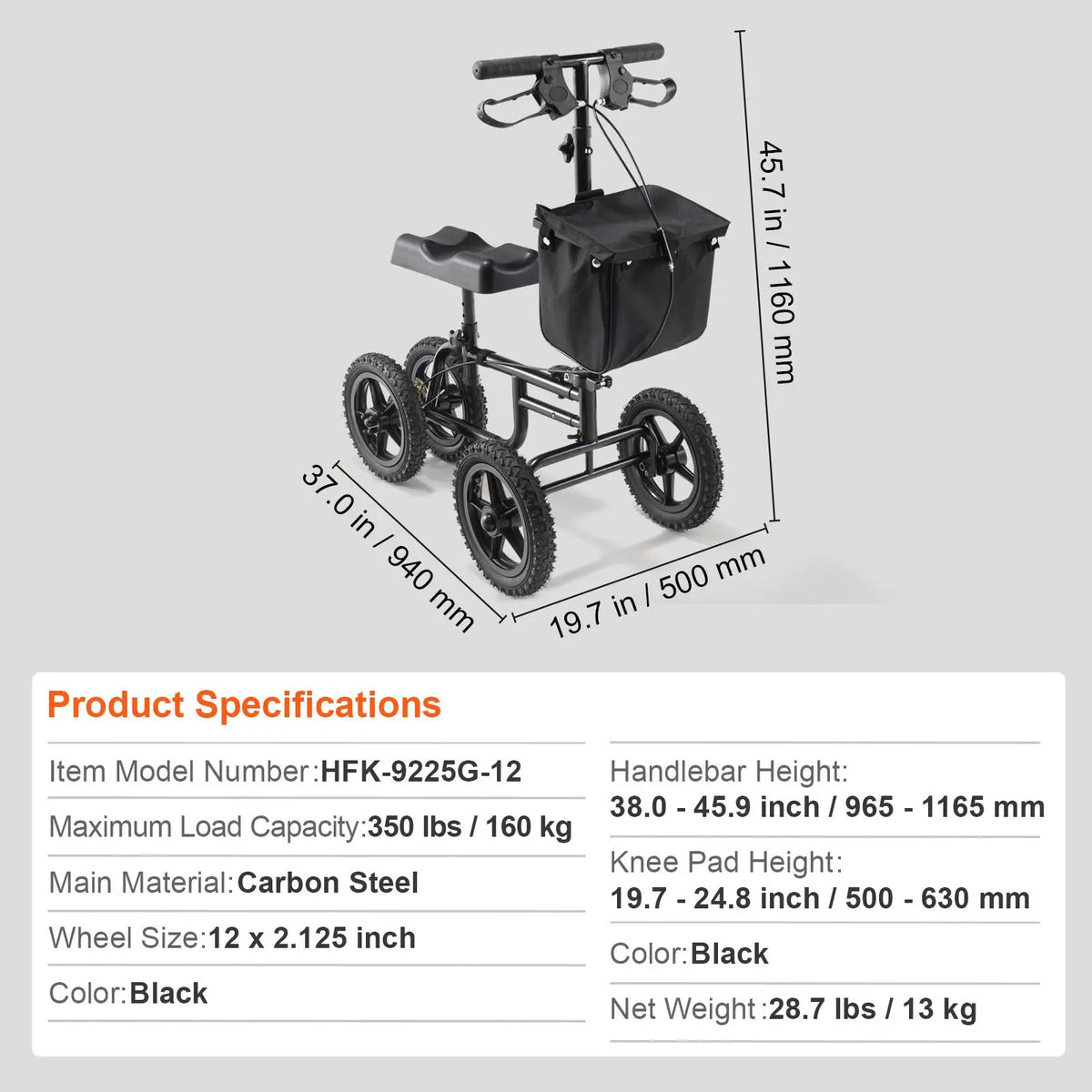 VEVOR 12" All Terrain Carbon Steel Folding Steerable Knee Scooter Walker