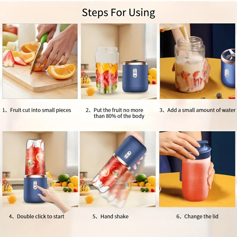 A six-step instructional graphic showing how to use a matte blue, portable personal blender for fruit smoothies.