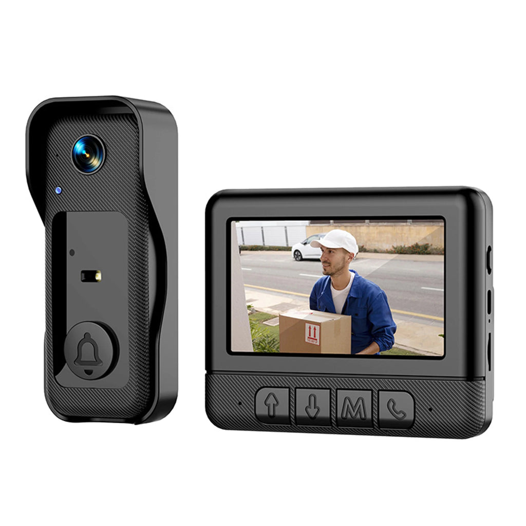 Black wireless video doorbell with 4.3-inch monitor displaying a delivery person, featuring night vision capabilities.