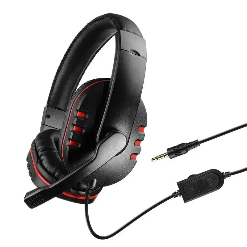 Black and red wired gaming headset with cushioned ear cups, adjustable microphone, and an in-line volume control unit.
