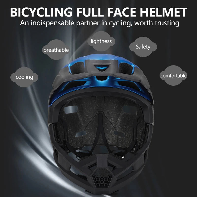 Blue and black full-face mountain bike helmet featuring ventilation vents and chin guard.