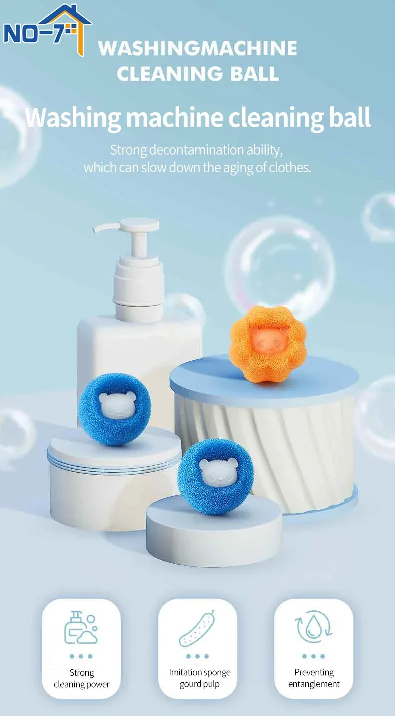 Blue and orange sponge washing machine cleaning balls featuring small bear designs on display podiums.