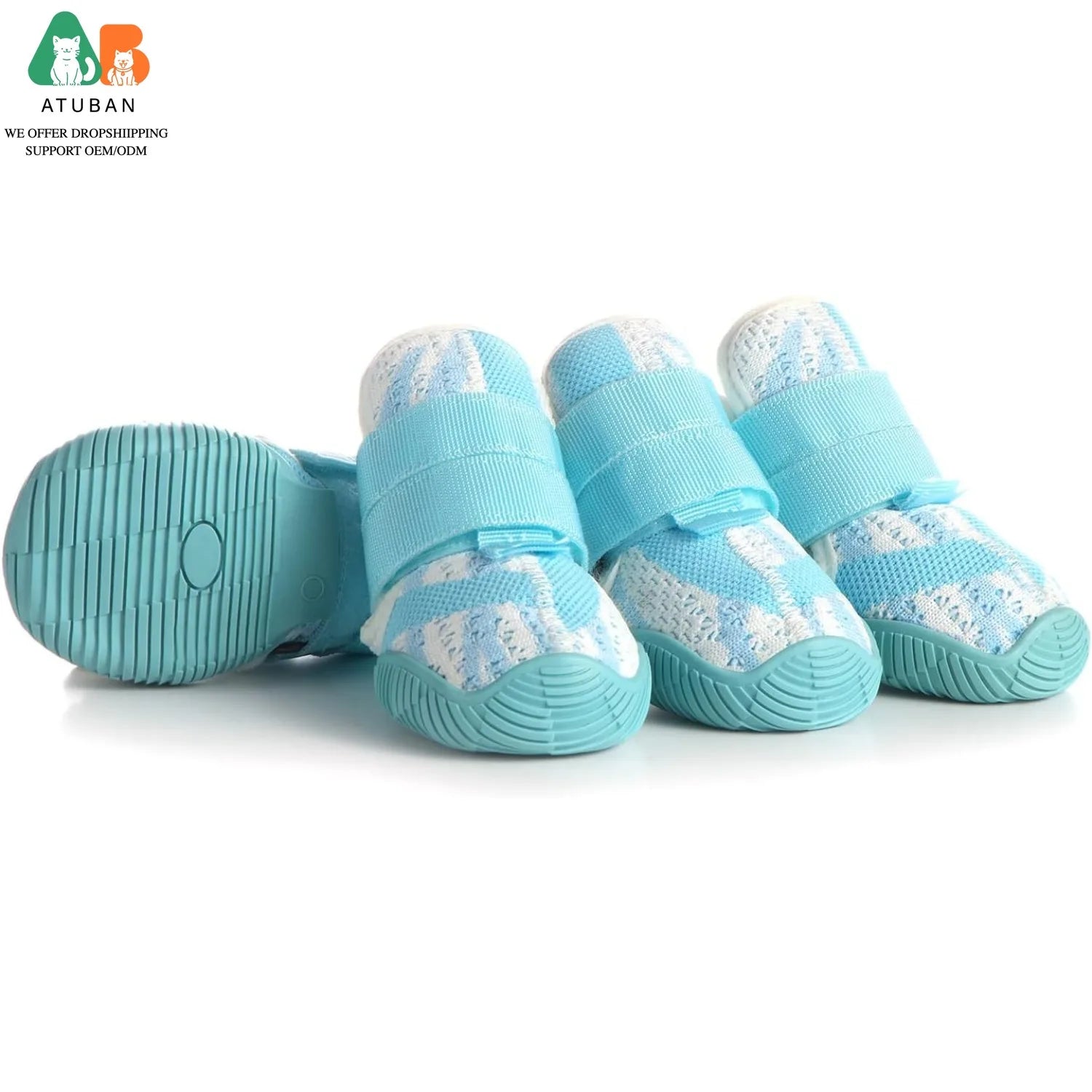 Blue and white breathable dog boots with rugged non-slip rubber soles and secure velcro straps.