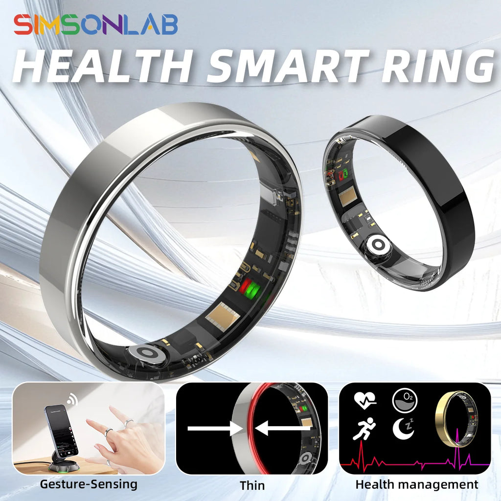 Silver and black smart health rings featuring interior sensors, gesture control, and sleep and fitness tracking.