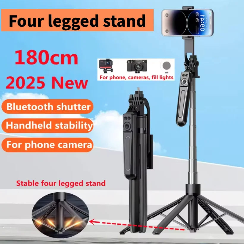 Black metal four-legged tripod stand with telescopic pole, phone holder, and detachable Bluetooth shutter remote.