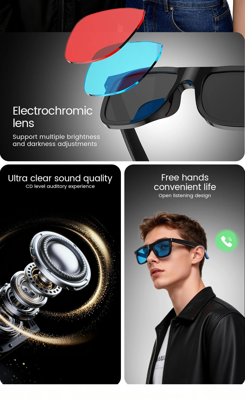 Black smart audio glasses with electrochromic lenses, integrated speakers for music streaming and hands-free calling.