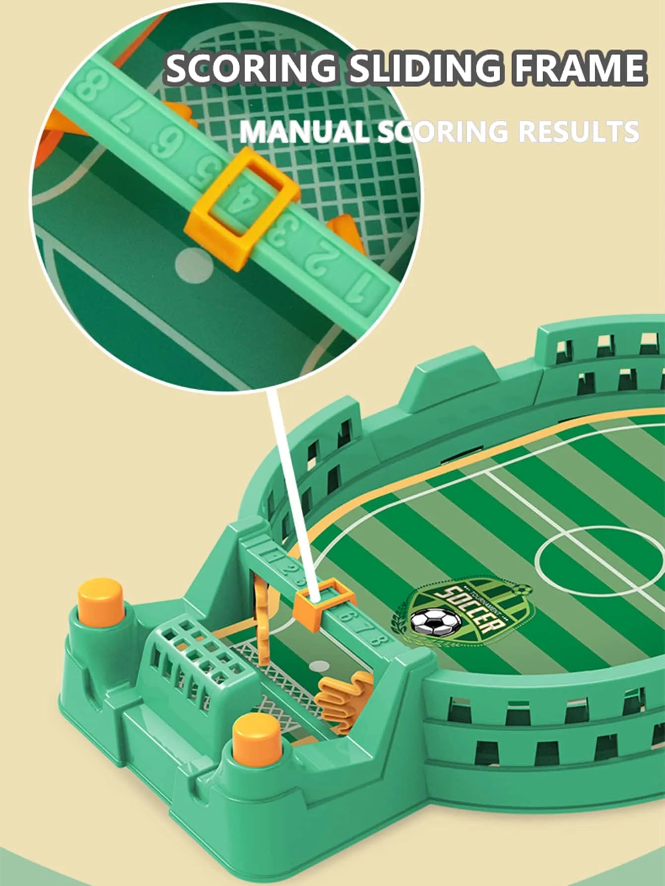 Tabletop football game in green with a manual yellow sliding score tracker and detailed pitch markings.