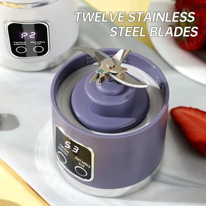 Purple portable blender base with a multi-blade attachment and a digital display screen on a marble countertop.