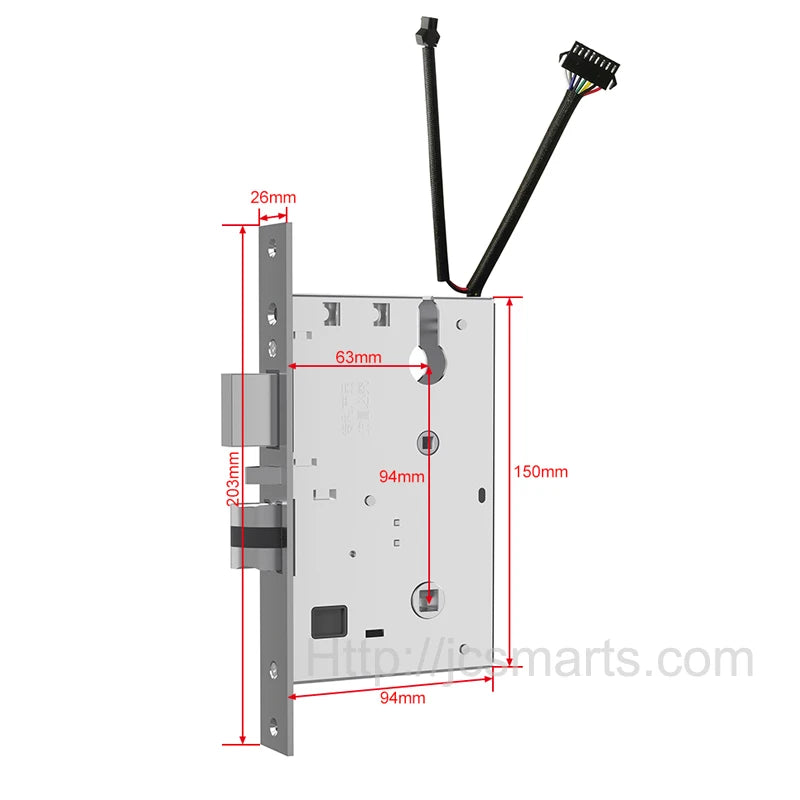 Silver metal smart door lock mortise with electronic wiring and dimensions labeled in red.