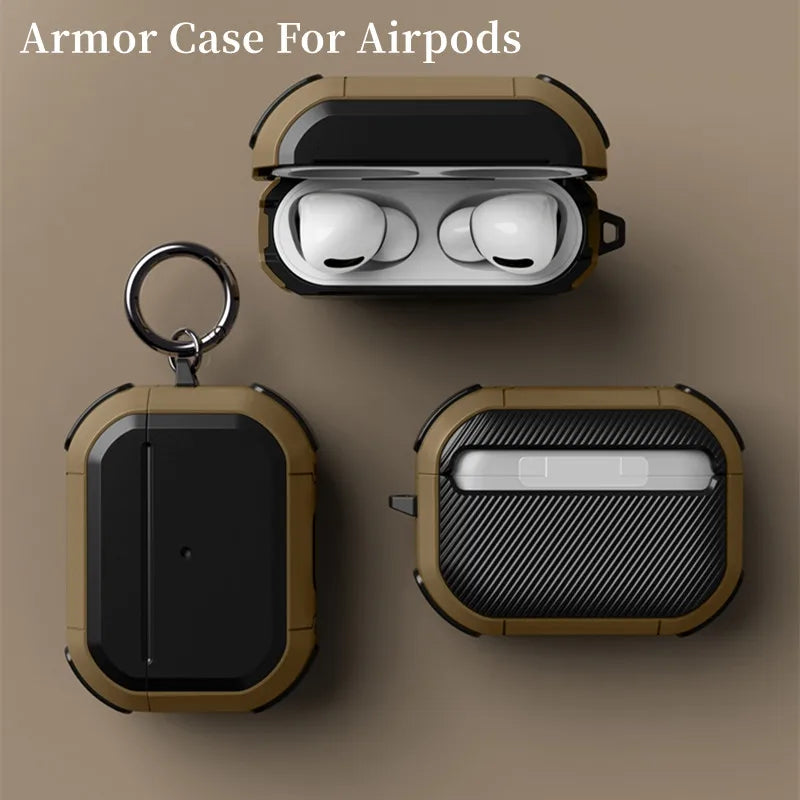Brown and black rugged protective armour case for AirPods Pro, featuring a textured design and metal keyring.