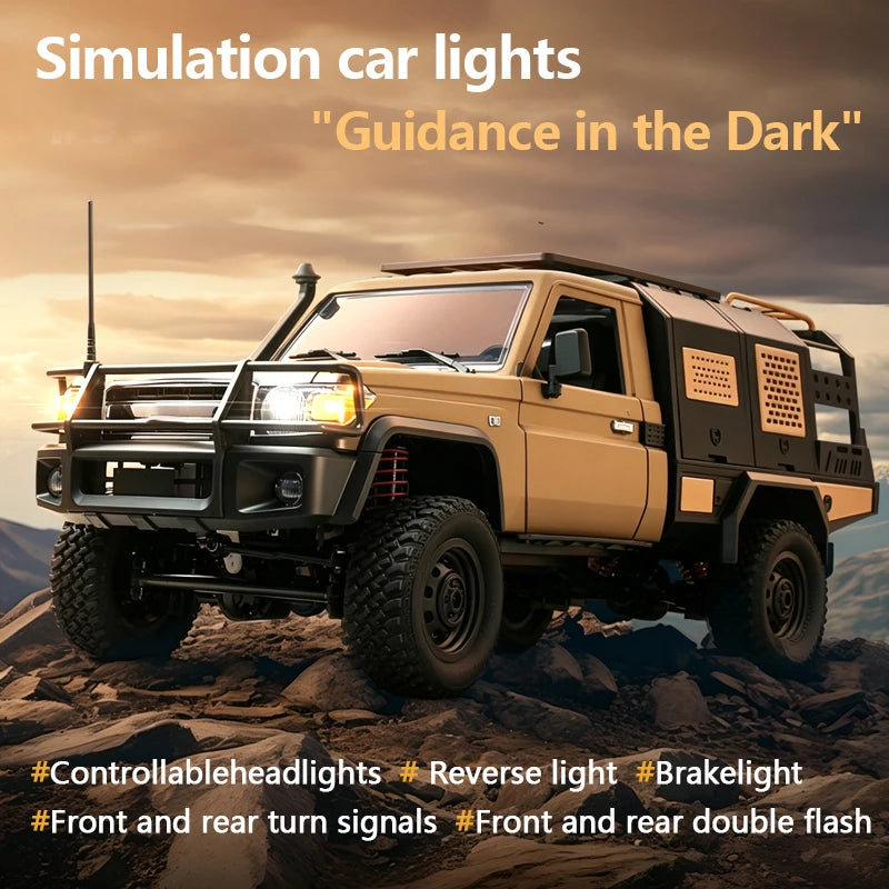 Tan 1/12 scale 4WD RC off-road climbing truck with black utility bed, bull bar, and lit headlights on rocky terrain.