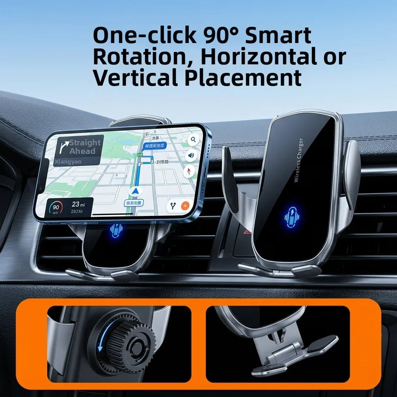 Silver car air vent phone mount with wireless charging, featuring 90-degree rotating arms for horizontal or vertical use.