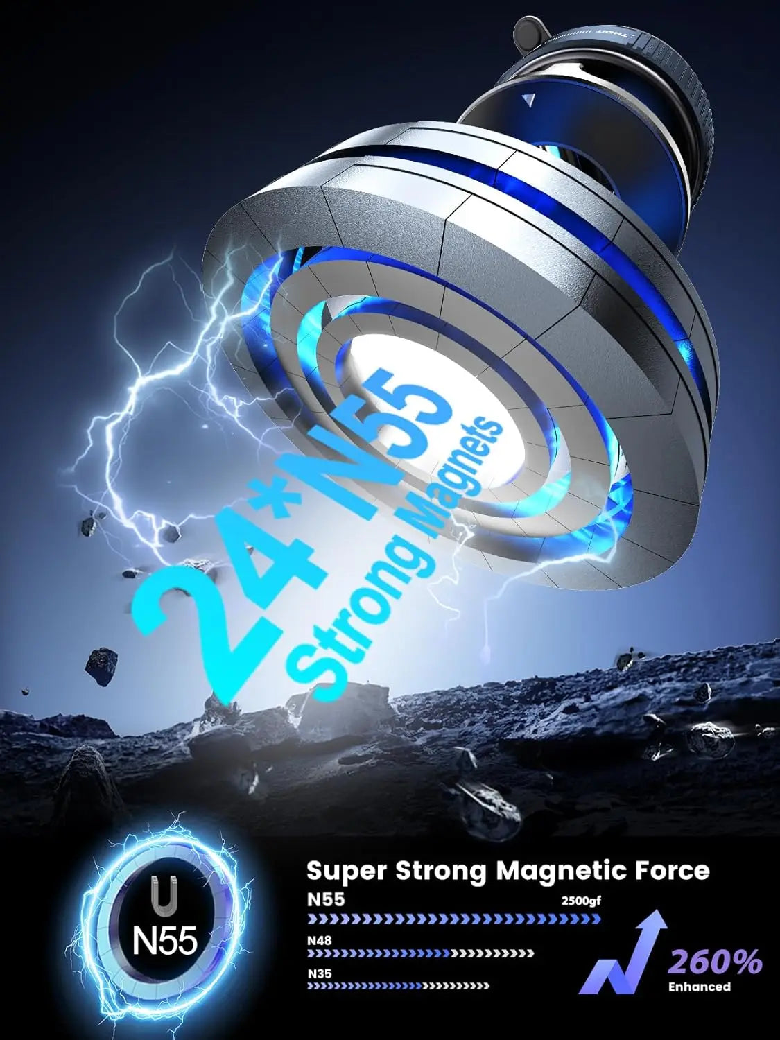 A silver circular magnetic mount with blue LED accents, featuring electric lightning effects and tech-focused graphics.