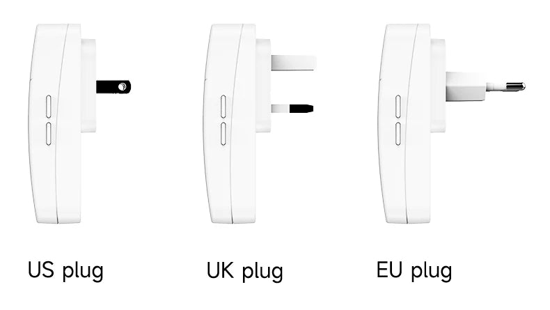 Three white wireless doorbell receivers shown from the side, each with different plug types: US, UK, and EU.