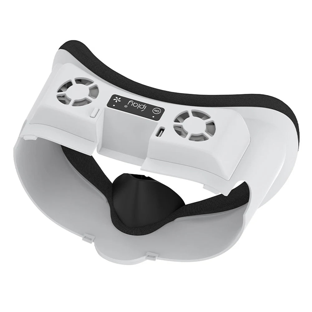 White and black VR cooling fan facial interface for Quest 3 with dual air circulation vents and power button.