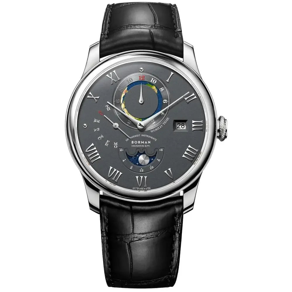 Men’s mechanical watch with a black leather strap, silver case, grey dial, world time sub-dial, and date window.
