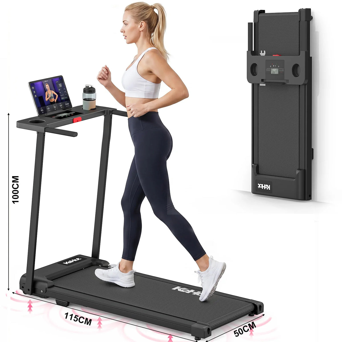 Black 2-in-1 folding treadmill with LED display, tablet holder, and water bottle, shown in use and folded.