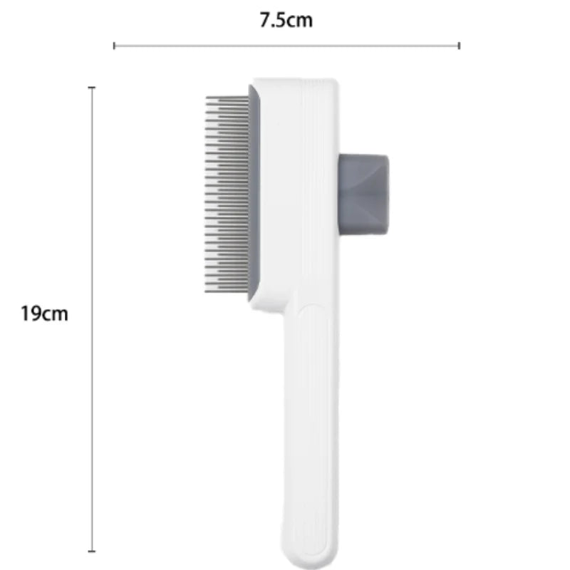 White and grey self-cleaning pet grooming slicker brush, 19cm by 7.5cm, shown from the side.