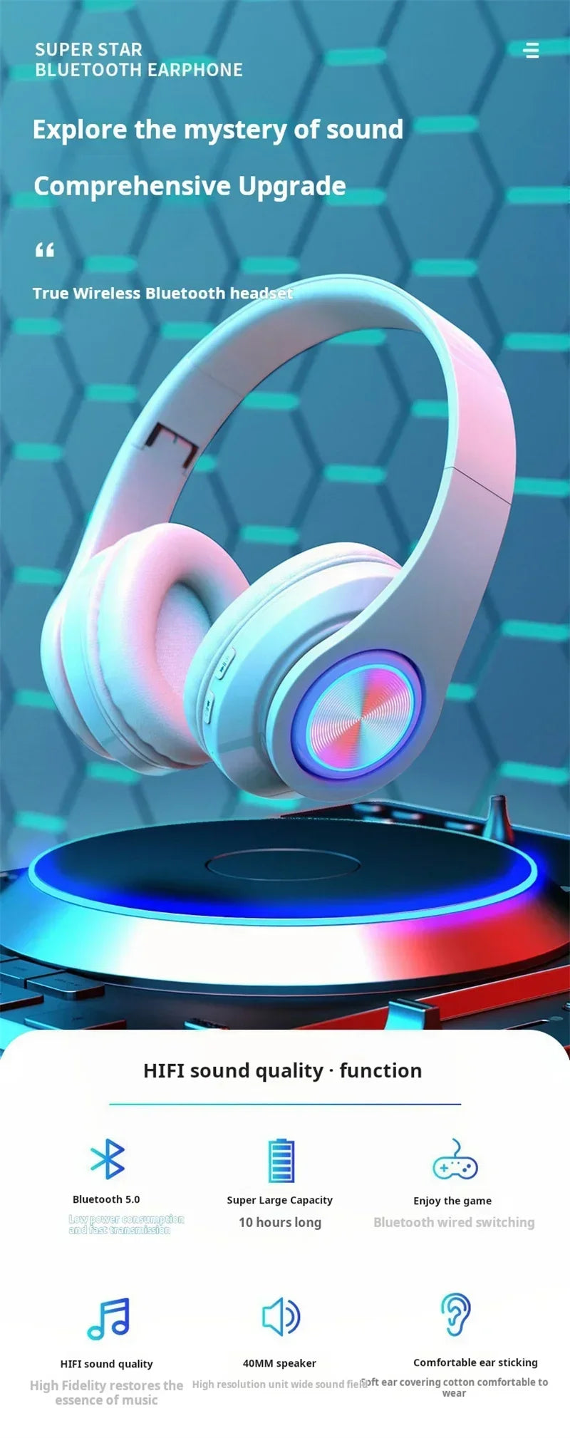 Wireless white gaming headphones with plush ear cushions, featuring circular LED accent lights on the sides.