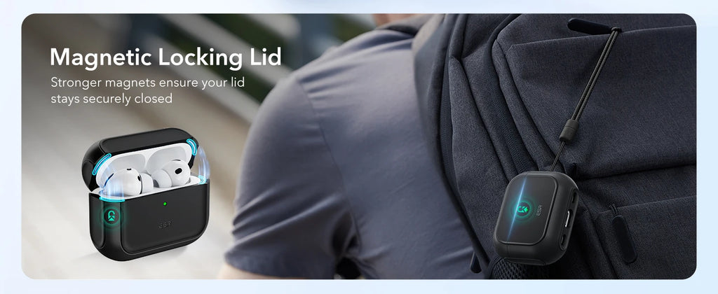 Black matte protective case for AirPods Pro with magnetic locking lid, attached to a backpack.
