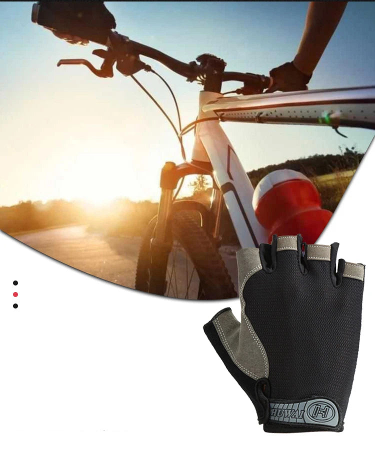 Black and grey fingerless cycling gloves with Huwai branding, displayed against a backdrop of a mountain bike.