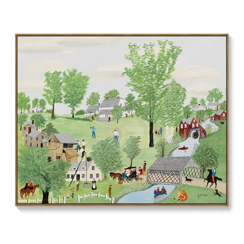 Decorative meter box cover featuring a nostalgic, folk-art style landscape painting with green fields and houses.
