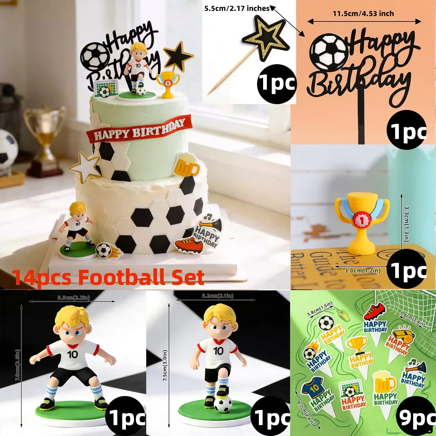 14-piece football-themed cake topper set with figurines, "Happy Birthday" signs, gold trophy, and soccer decorations.