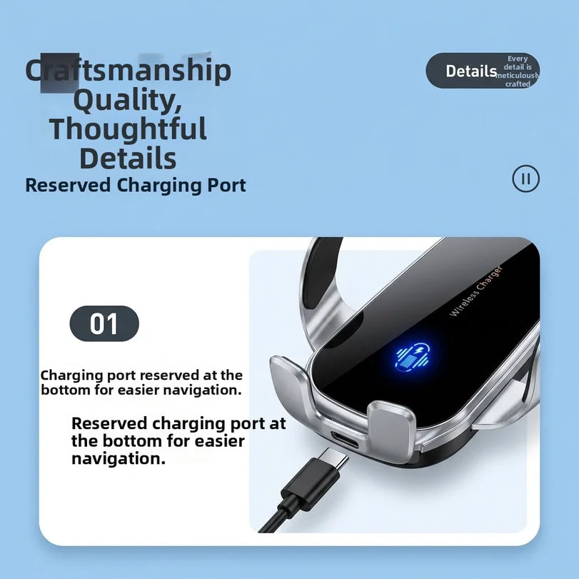Black and silver wireless car phone charger with an accessible charging port at the bottom for easy cable connection.