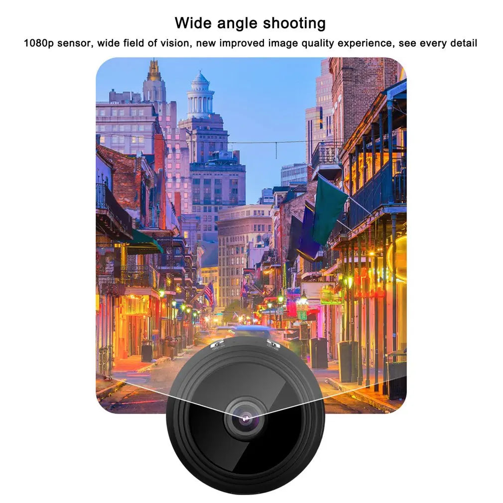 Small black round camera with a glass lens showing a wide-angle city street view.