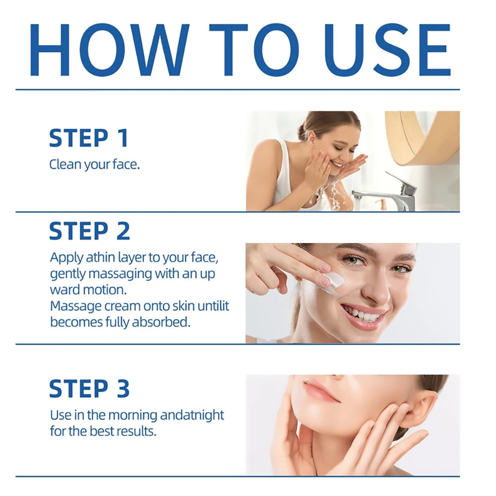How to use instructions: Clean face, massage white cream into skin with upward motions, use morning and night.
