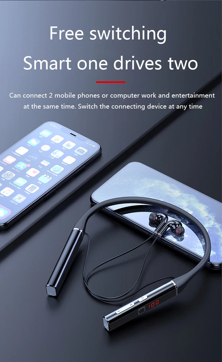 Black wireless magnetic neckband headphones with noise cancellation, volume controls, and a digital battery display.